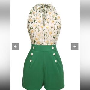 Retro style Floral Green Jumpsuit